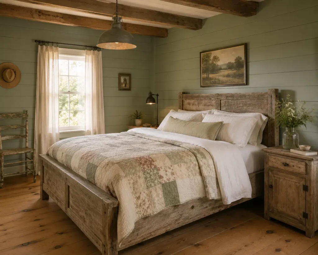 sage green farmhouse bedroom with shiplap walls patchwork quilt and wood beams