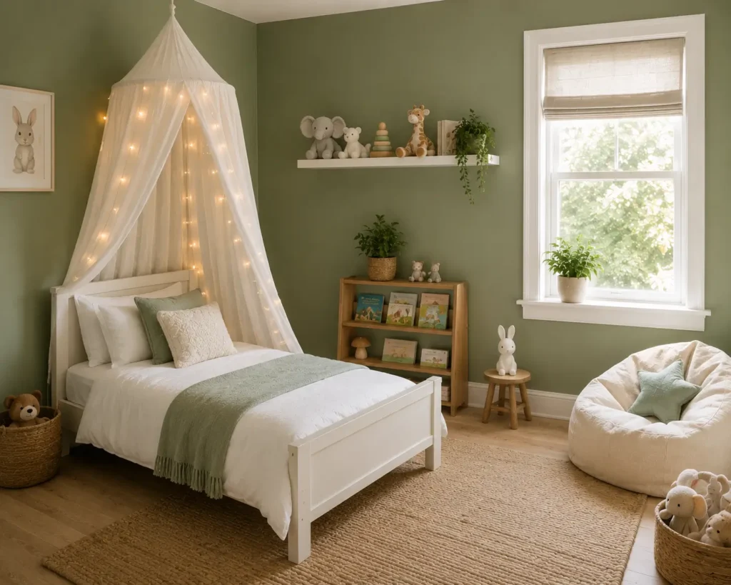 sage green kids bedroom with white canopy bed and cozy soft toys on shelf