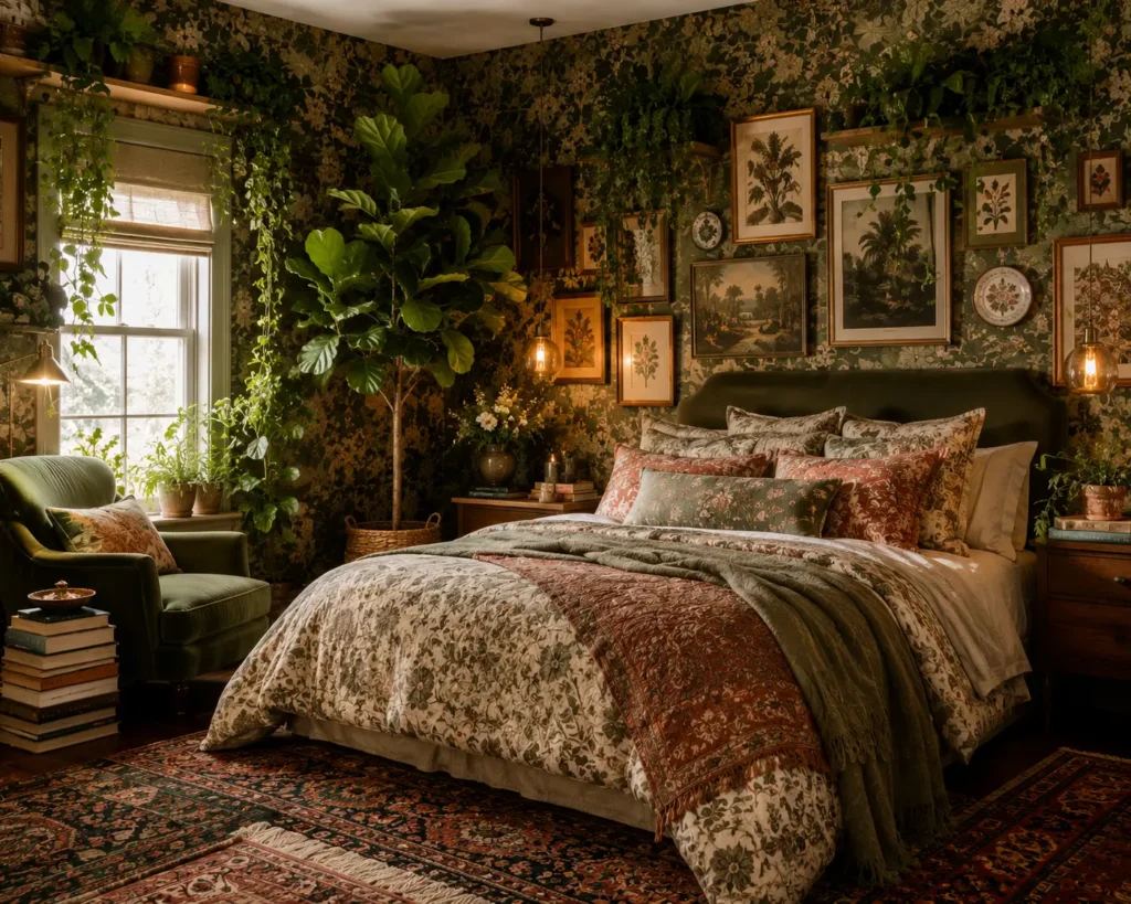 sage green maximalist bedroom with botanical wallpaper indoor plants and gallery wall