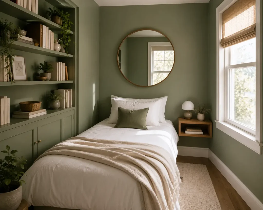 small sage green bedroom with built in shelves and large round mirror