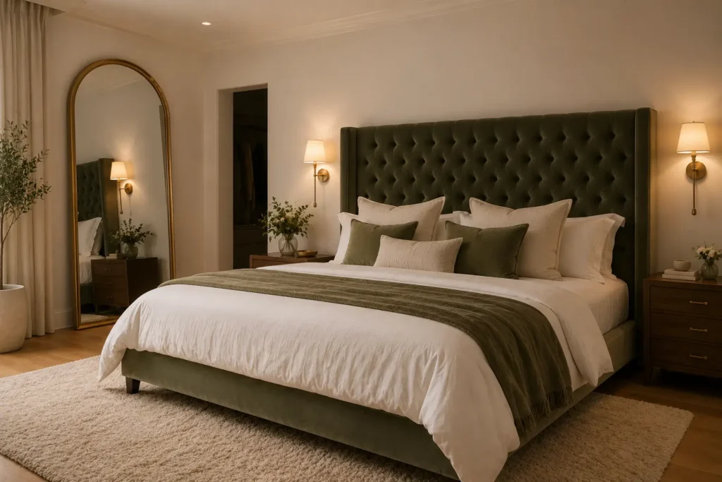 sage green velvet headboard bedroom with brass wall sconces and white bedding
