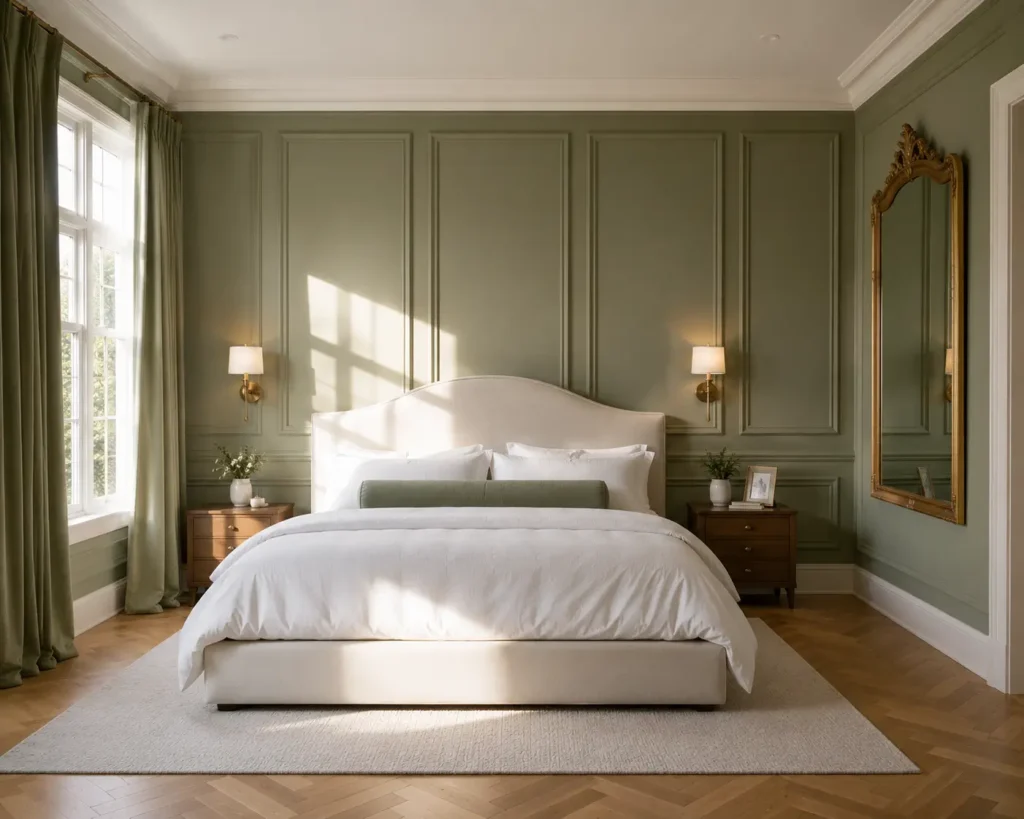 sage green wall paneling bedroom with herringbone floors and brass hardware