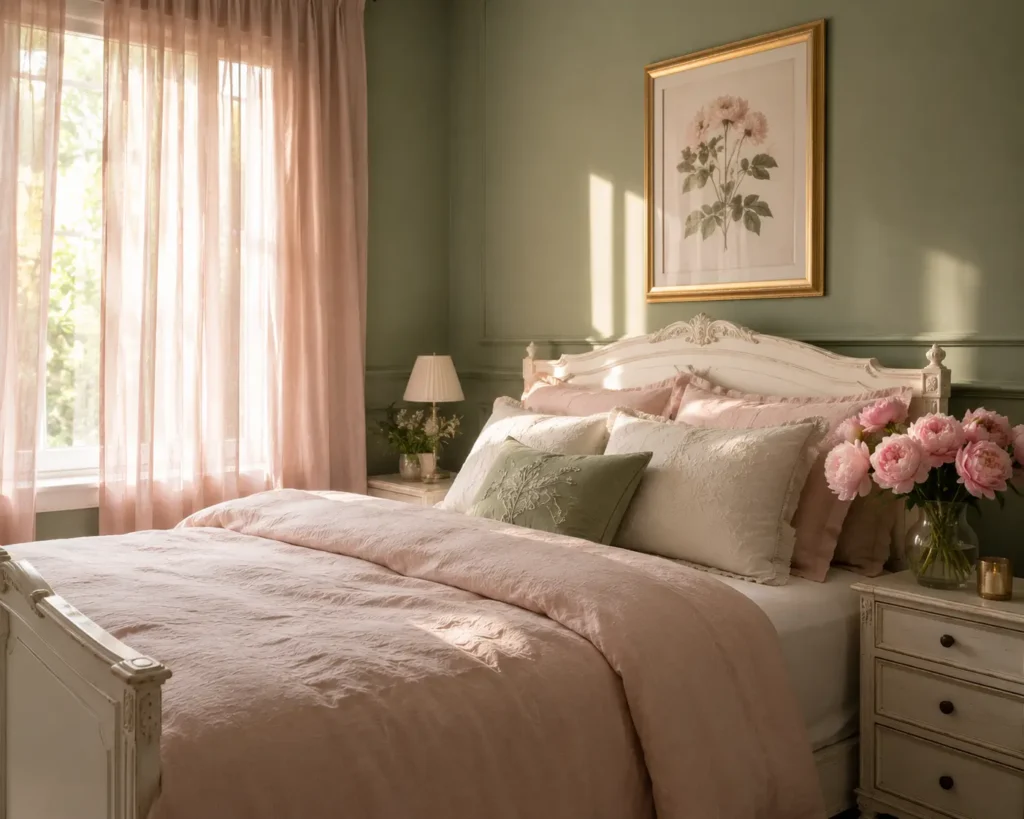 sage green and blush pink romantic bedroom with fresh peony flowers on nightstand