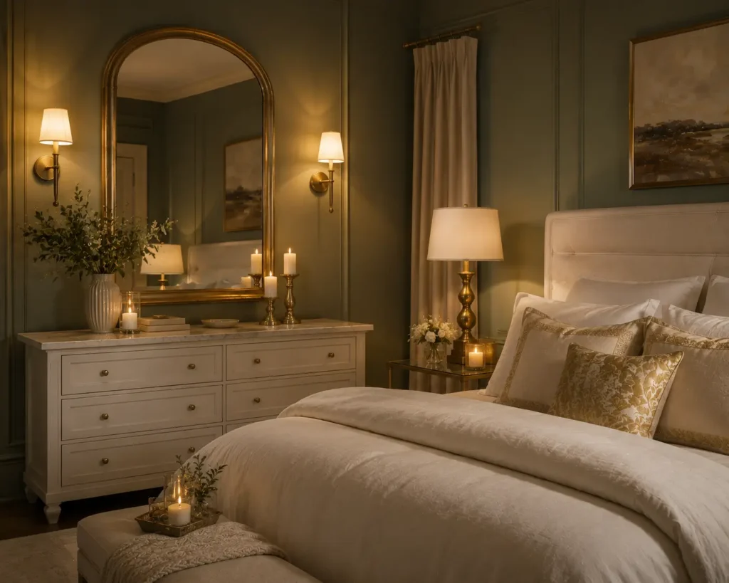 sage green bedroom with gold brass accents and marble topped dresser