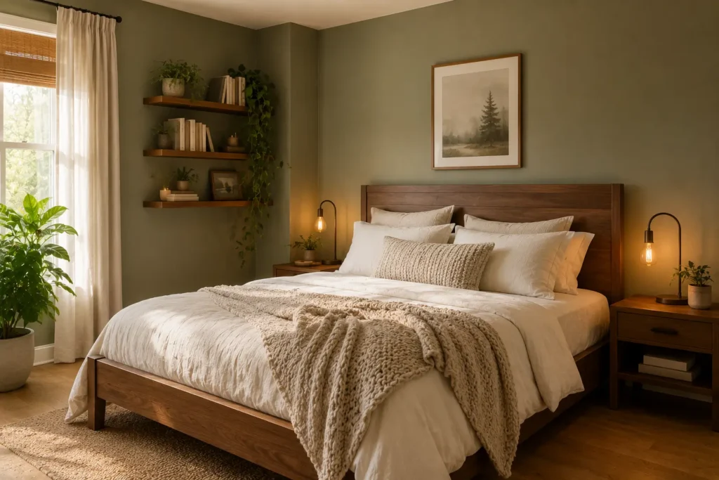 sage green bedroom with warm walnut wood bed frame and chunky knit throw