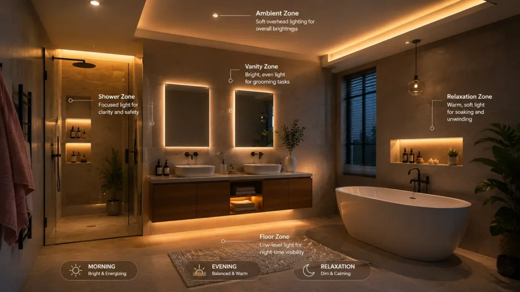 Smart bathroom lighting zones with customizable LED colors for relaxation and daily routines