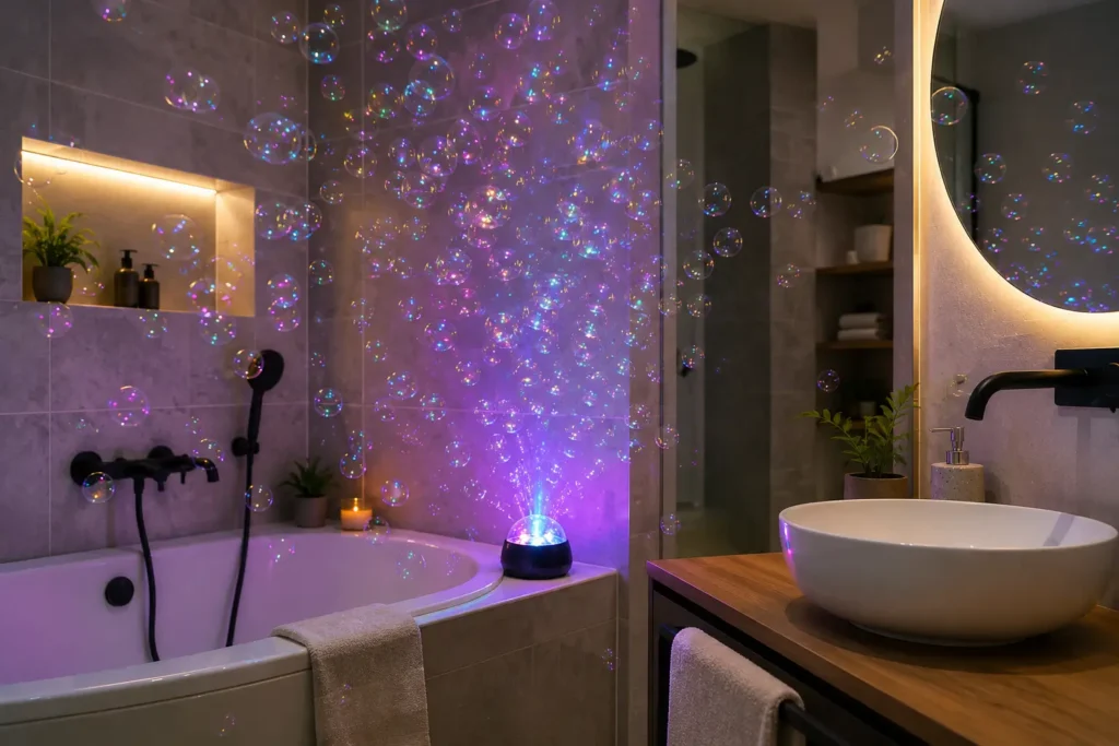 Soap bubble LED diffuser creating colorful glowing bubbles in a modern bathroom with relaxing ambient lighting