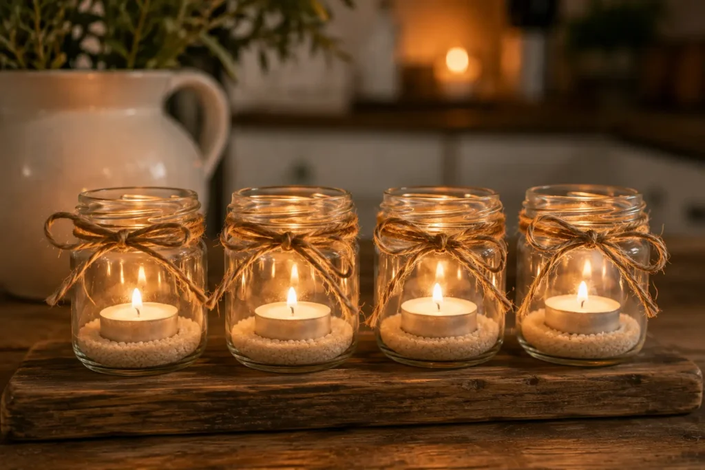 glass spice jars used as candle holders for autumn home decorating
