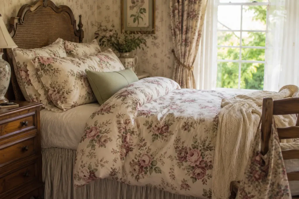 Grandma core bedroom ideas with dusty rose floral duvet and layered embroidered pillowcases