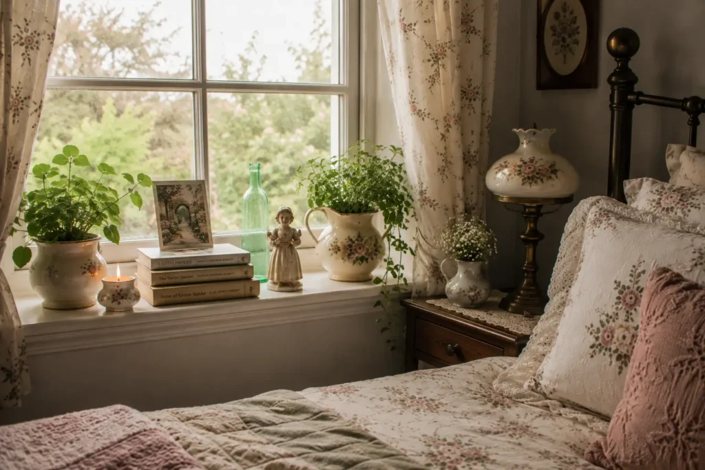 Grandma core bedroom ideas with windowsill styled in potted herbs and glass bottles