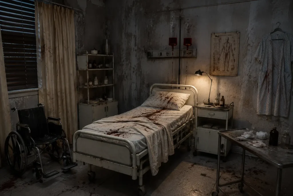halloween bedroom ideas abandoned hospital room with IV bags and gown