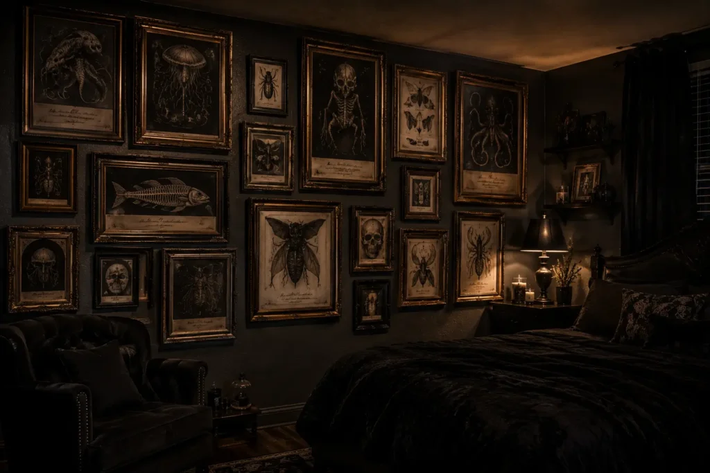 halloween bedroom ideas fake taxidermy gallery wall with golden frames