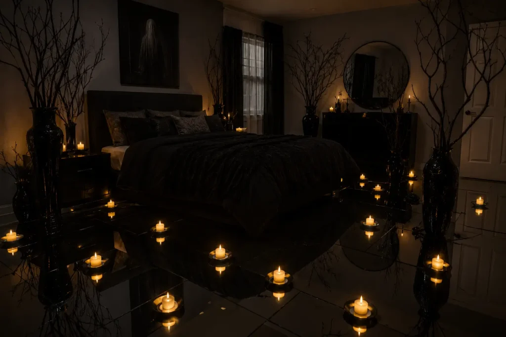 halloween bedroom ideas flooded room effect with floor mirrors and candles
