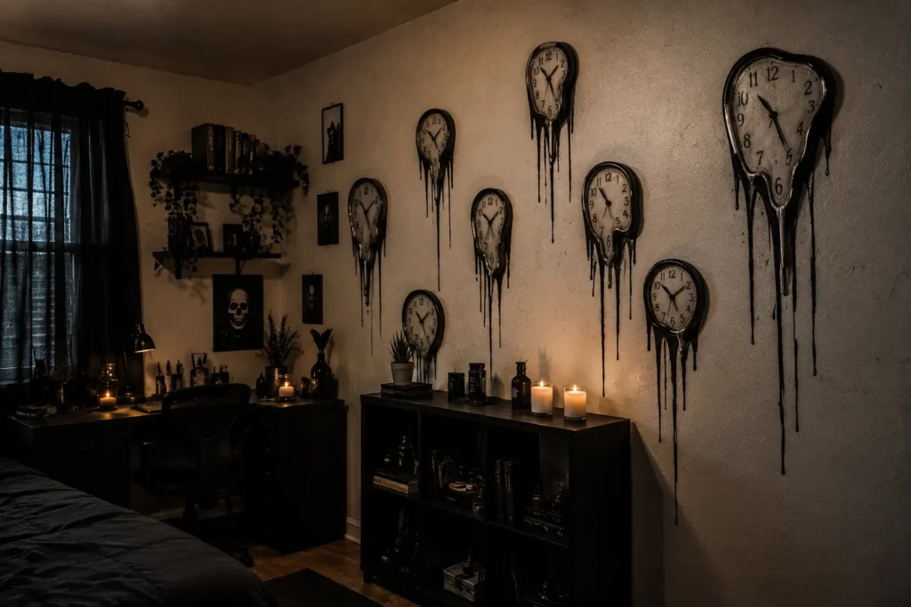 halloween bedroom ideas melting clock wall surreal decor