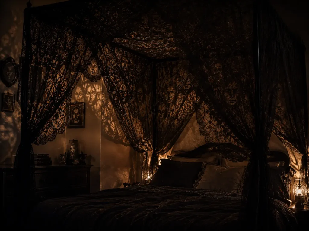 halloween bedroom ideas moth eaten lace canopy with hidden faces