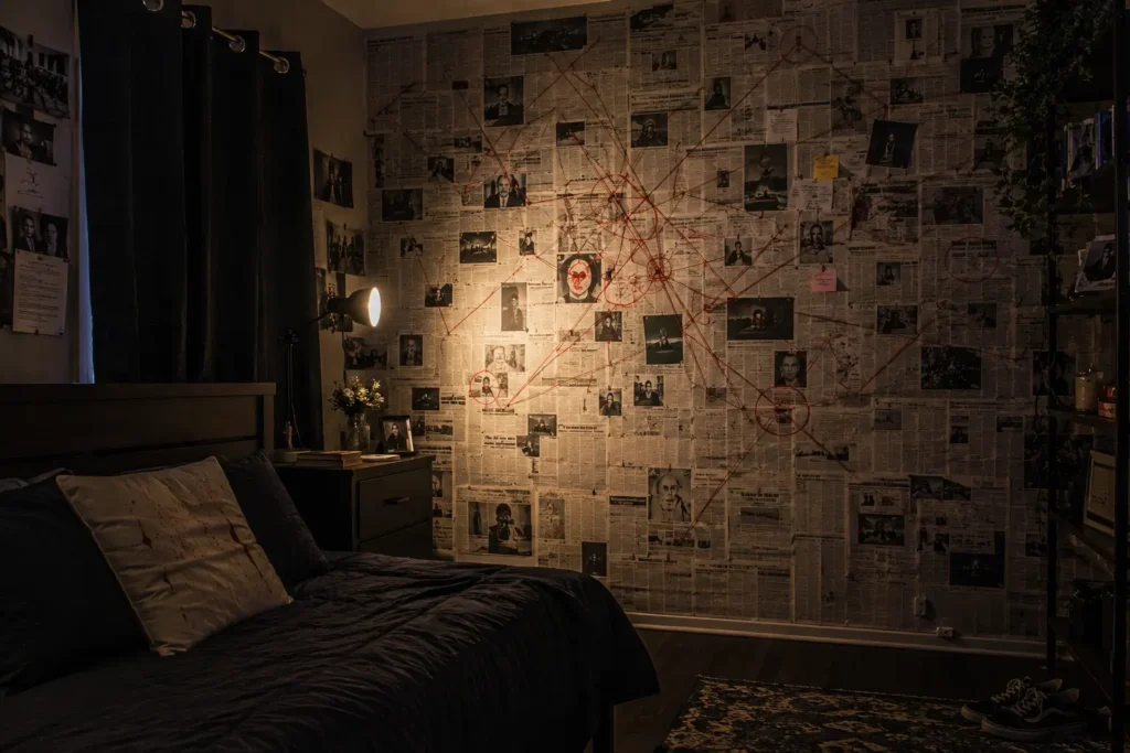 halloween bedroom ideas newspaper conspiracy wall with red string