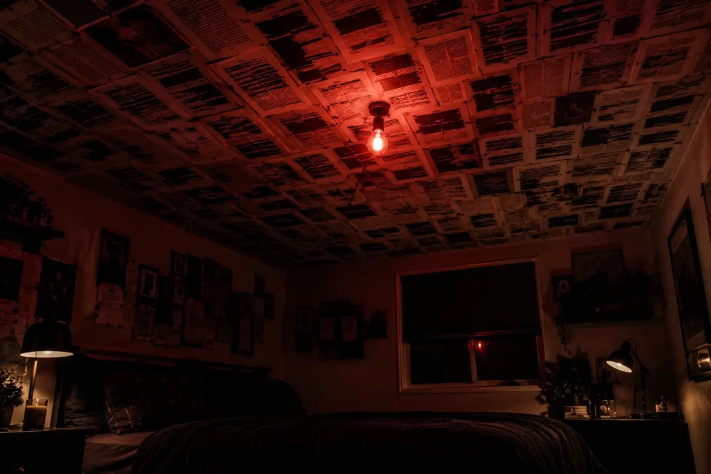halloween bedroom ideas redacted documents pasted on ceiling