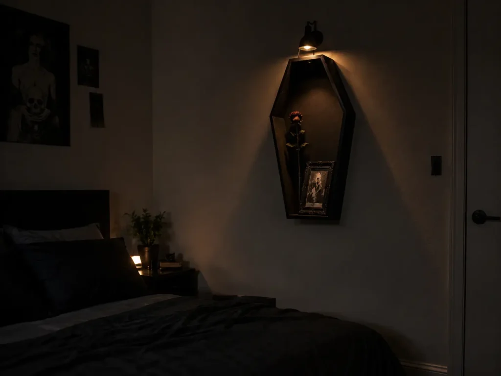 halloween bedroom ideas single spotlight coffin shelf on wall