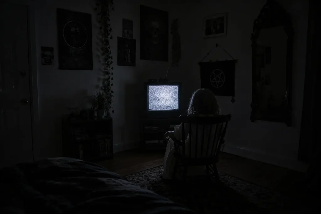 halloween bedroom ideas static TV horror corner with doll figure