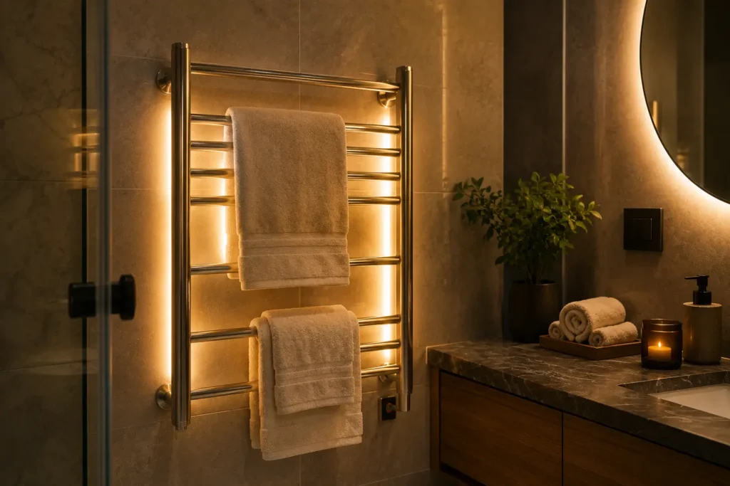 Heated towel rack with warm amber LED glow lighting in a luxury spa-inspired bathroom