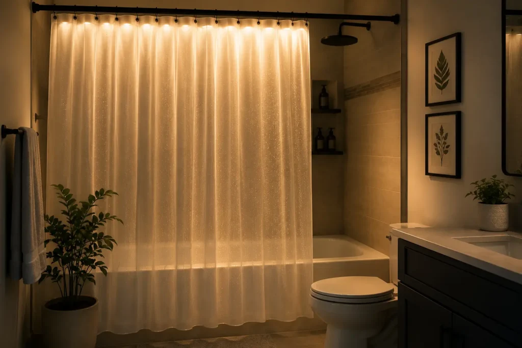 Translucent shower curtain with hidden LED strip creating a soft glowing bathroom lighting effect