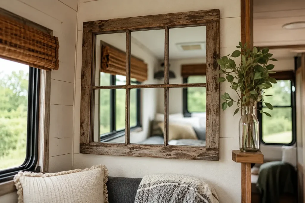 vintage window frame turned into camper wall mirror