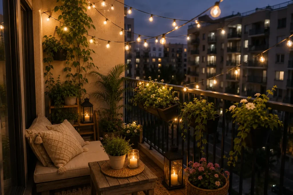 warm white string lights hung in zigzag on rental balcony using command hooks no drill