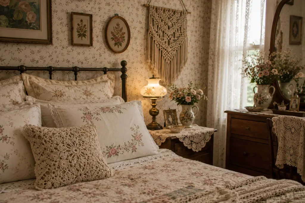Grandma core bedroom ideas with embroidered pillowcases and crochet throw blanket