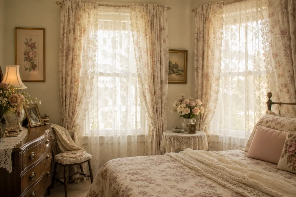 Grandma core bedroom ideas with sheer lace curtains and soft morning light