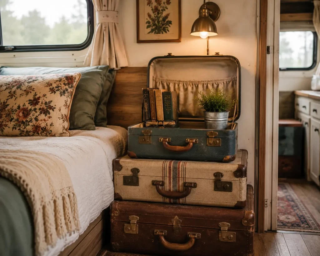 old suitcases stacked as camper nightstand