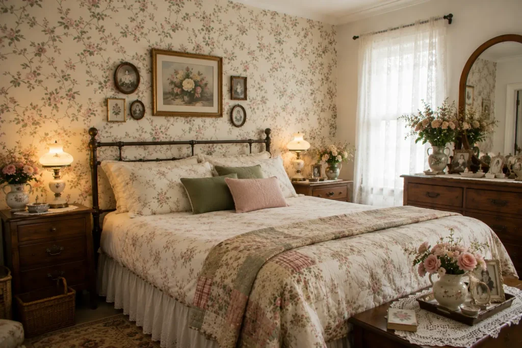 Grandma core bedroom ideas with vintage floral wallpaper accent wall in climbing rose print
