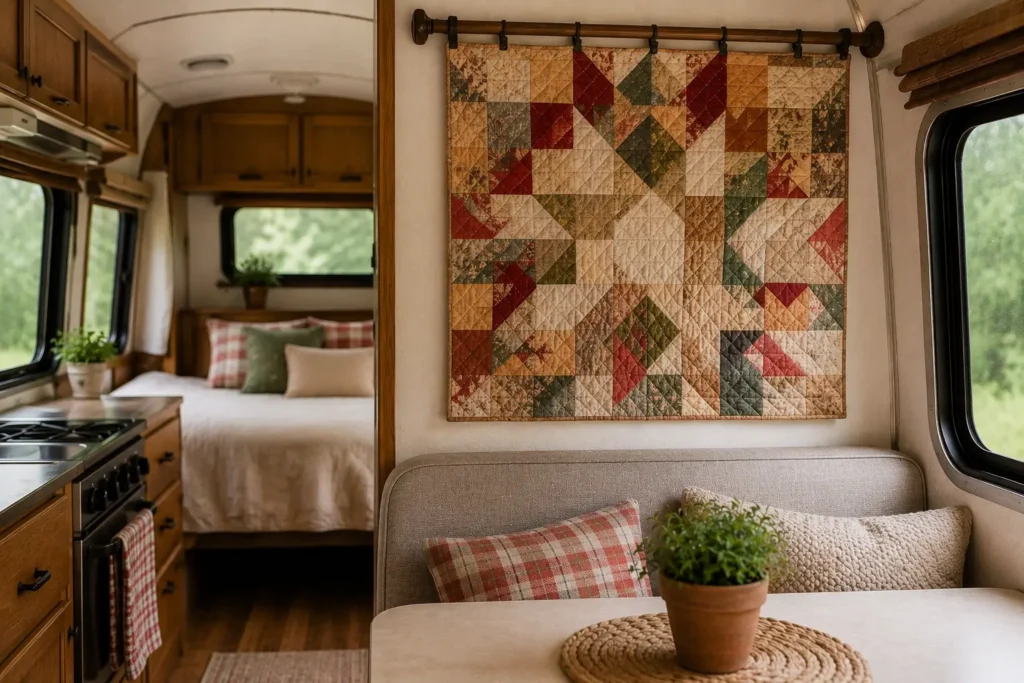 quilt hung as wall art in vintage camper