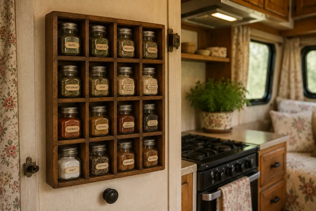wooden egg crate spice rack in camper cabinet