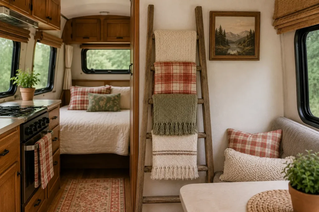 wooden ladder used as blanket rack in camper