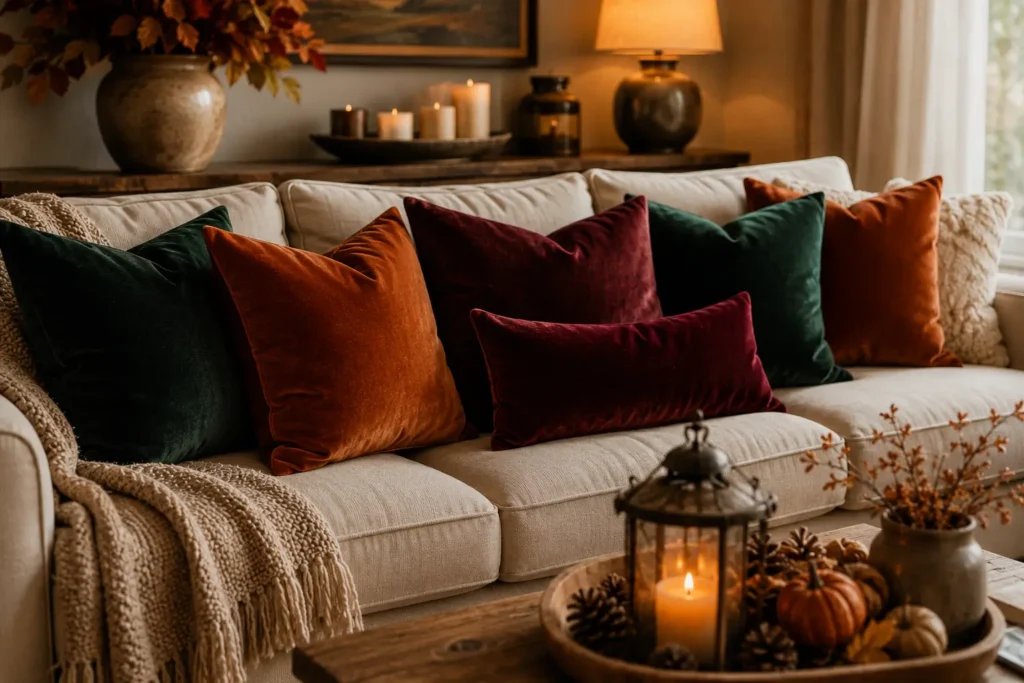 burnt orange velvet throw pillows on sofa for fall home decorating