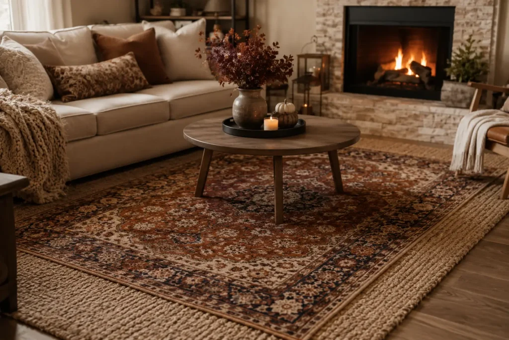 layered rugs in rust and brown tones for cozy fall living room