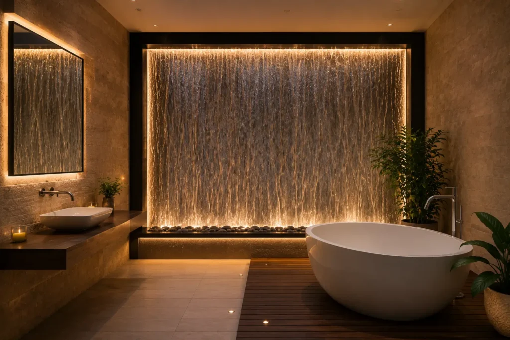 Indoor waterfall wall feature with integrated LED lighting in a luxury spa-style bathroom