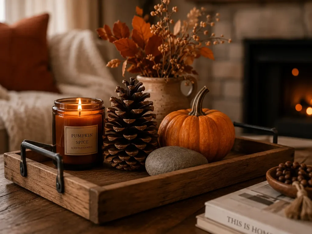 wooden tray with candle pumpkin and pinecone fall vignette on coffee table