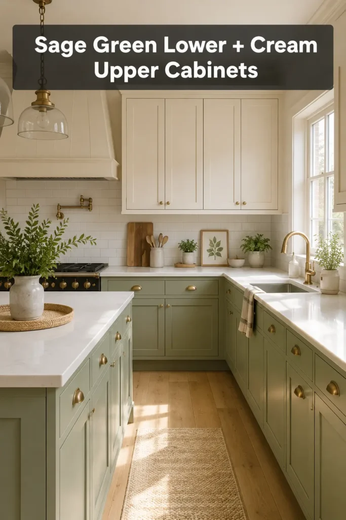 Sage green and cream kitchen ideas with sage lower cabinets cream upper cabinets and aged brass hardware
