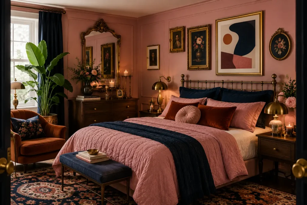 vintage pink bedroom ideas with brass frames and modern art
