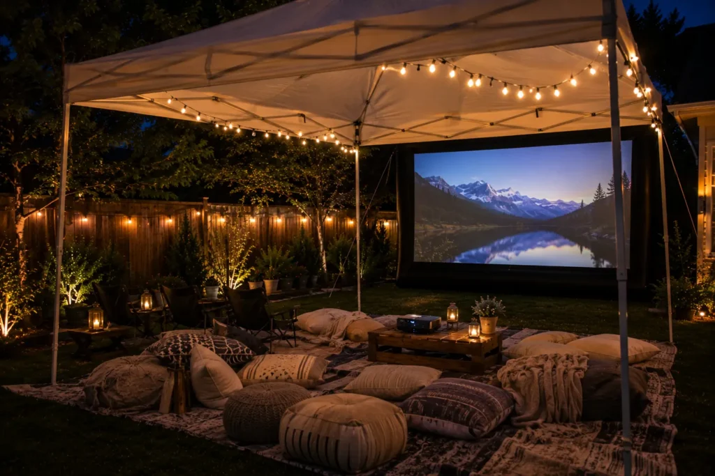 Pop-up canopy set up over backyard movie night seating as rain backup