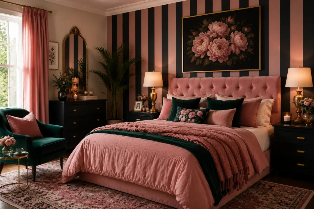 vintage pink bedroom ideas with bold striped wallpaper