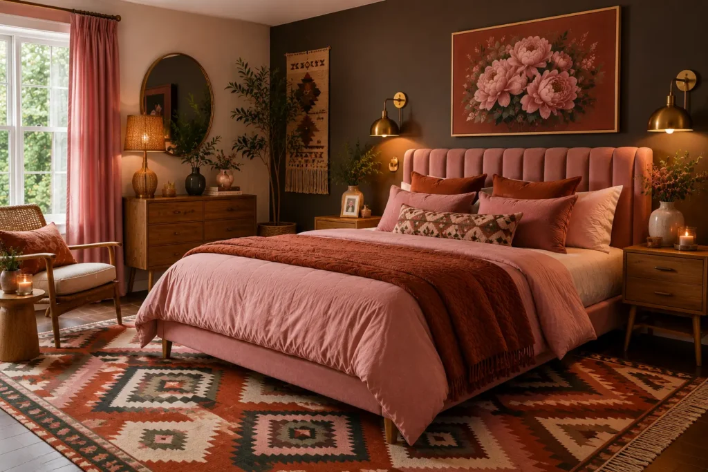 vintage pink bedroom ideas with bold geometric rug