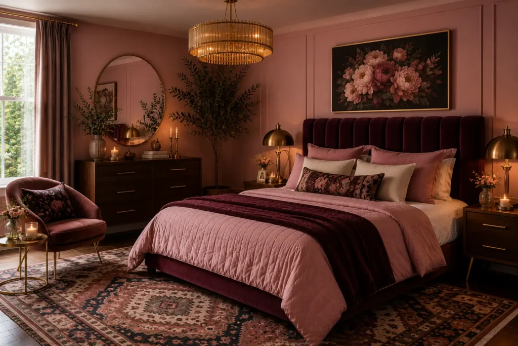 vintage pink bedroom ideas with velvet deep plum headboard