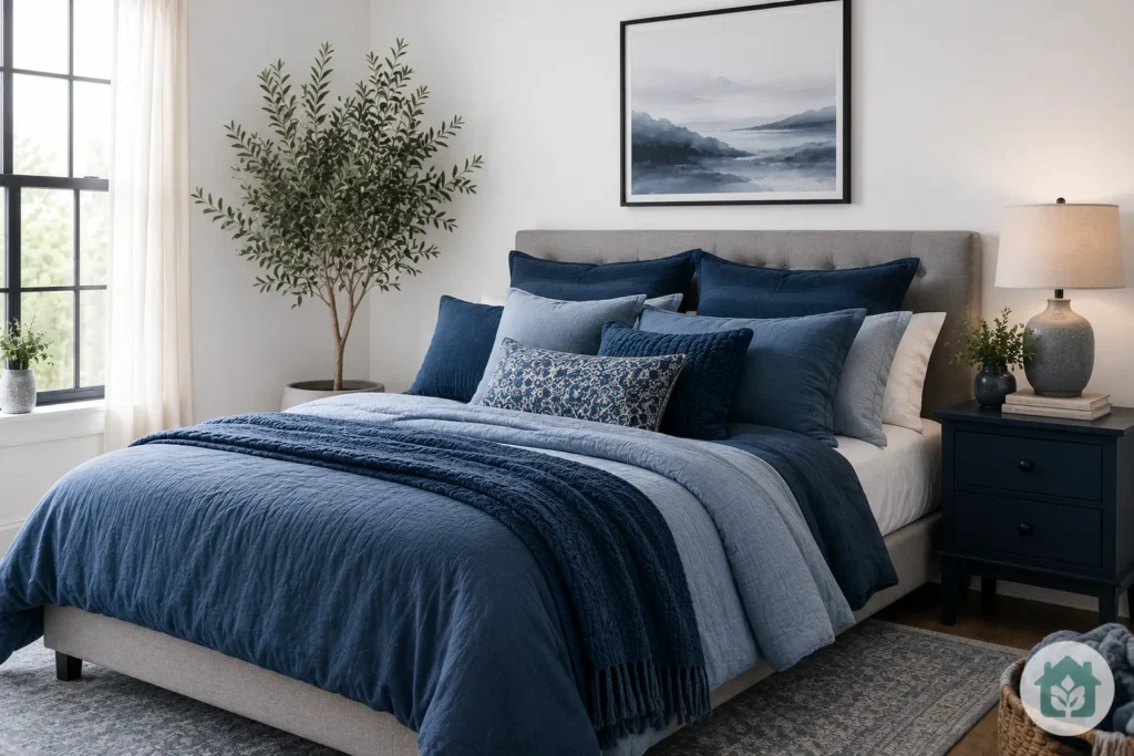 moody blue bedroom ideas monochrome blue bedding