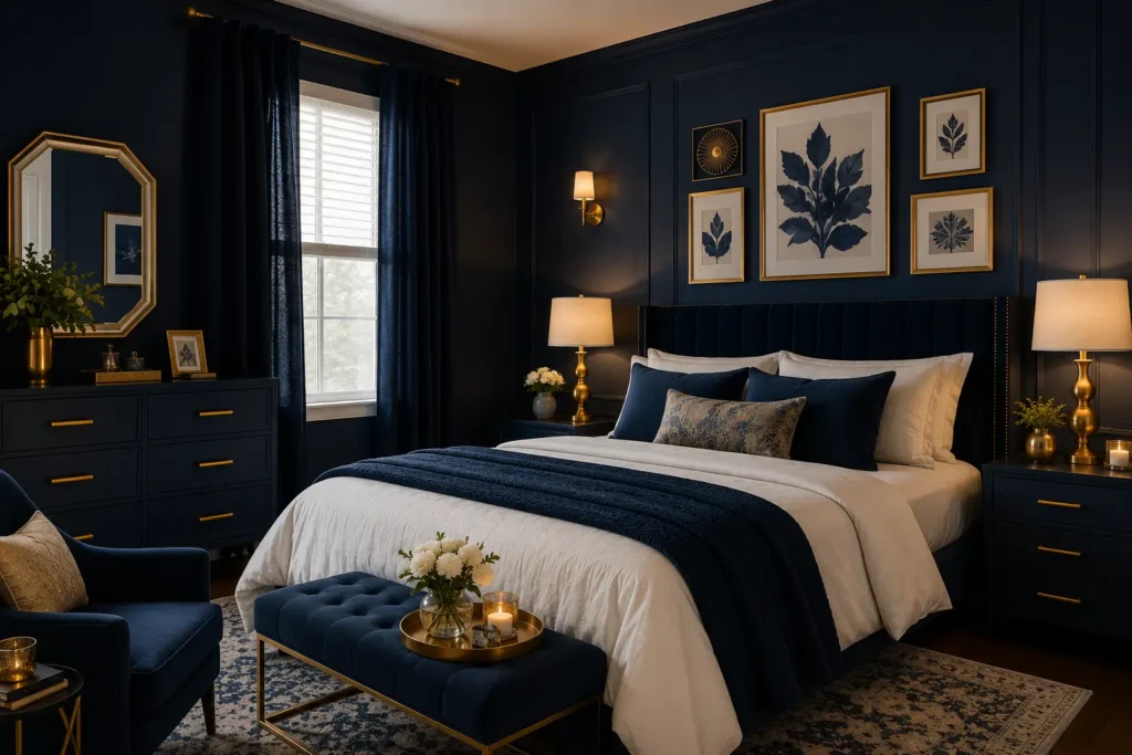 moody blue bedroom ideas blue and gold glam decor