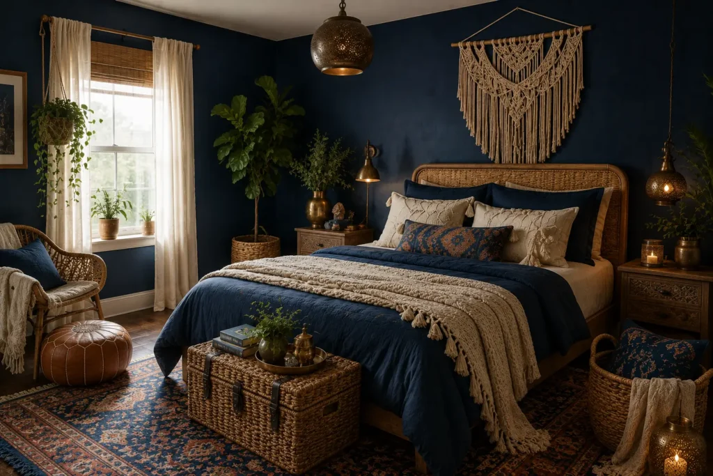 moody blue bedroom ideas boho indigo textures
