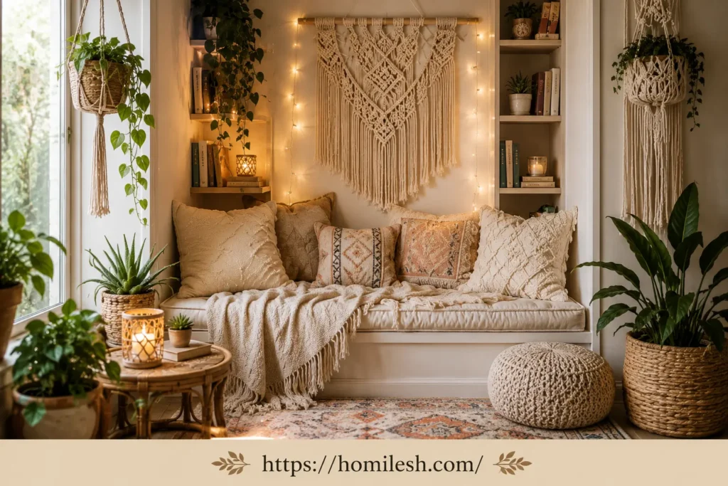 Boho macrame closet reading nook with floor cushions and pendant light