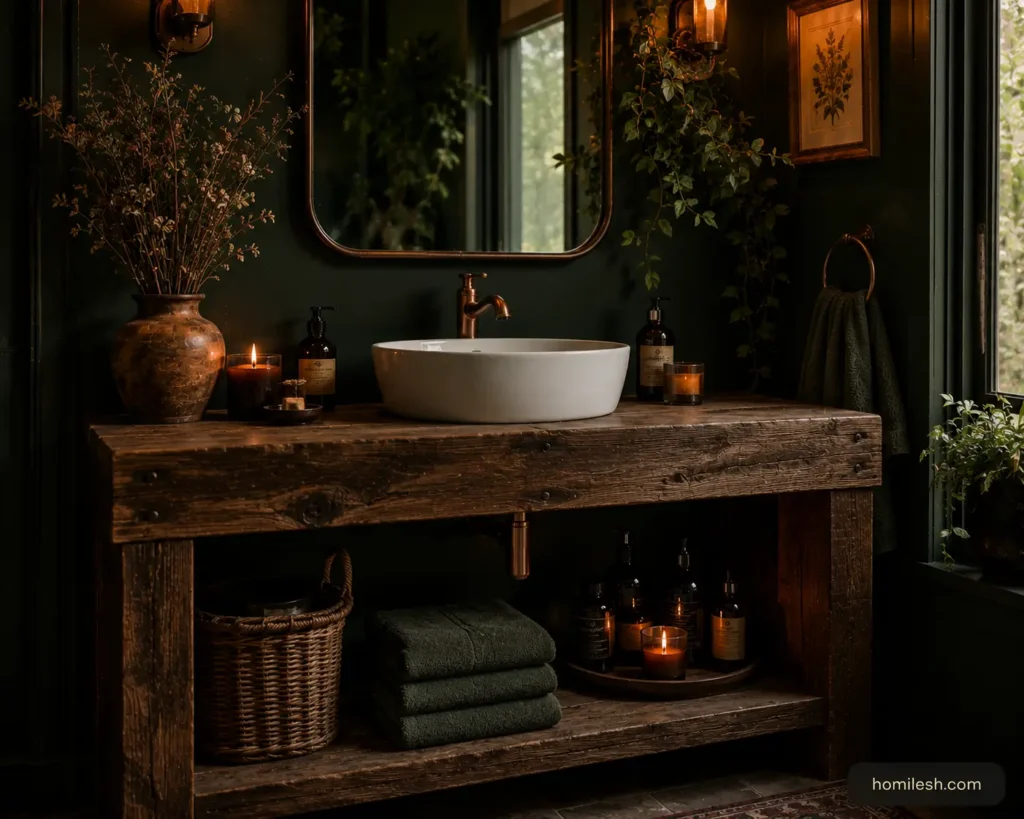 Dark cottagecore bathroom ideas with reclaimed wood vanity and aged copper faucet on forest green walls