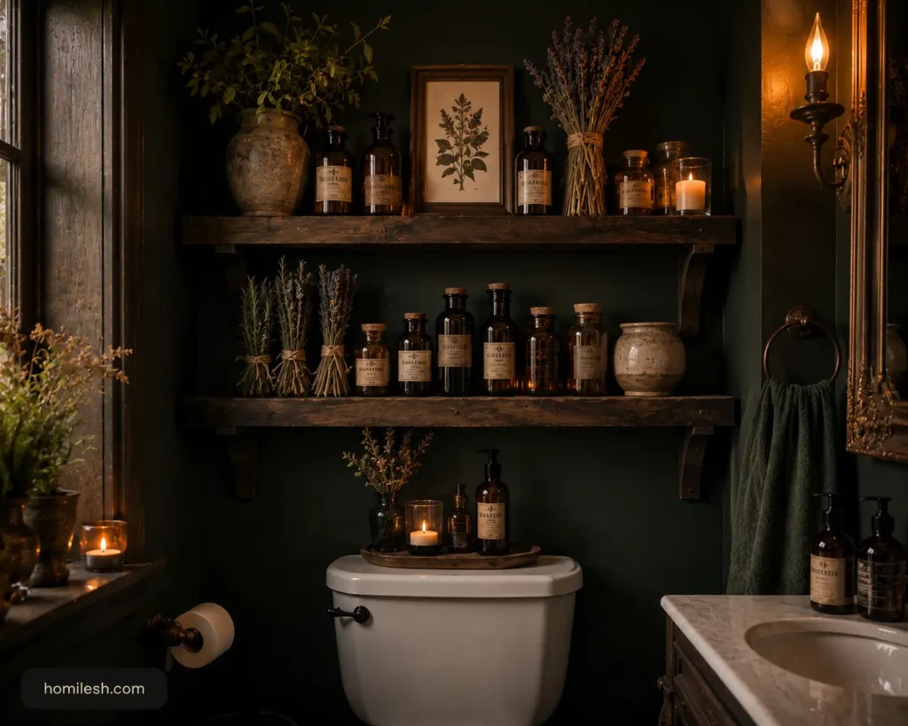 Dark cottagecore bathroom ideas with apothecary shelves above toilet filled with amber glass bottles and dried herbs